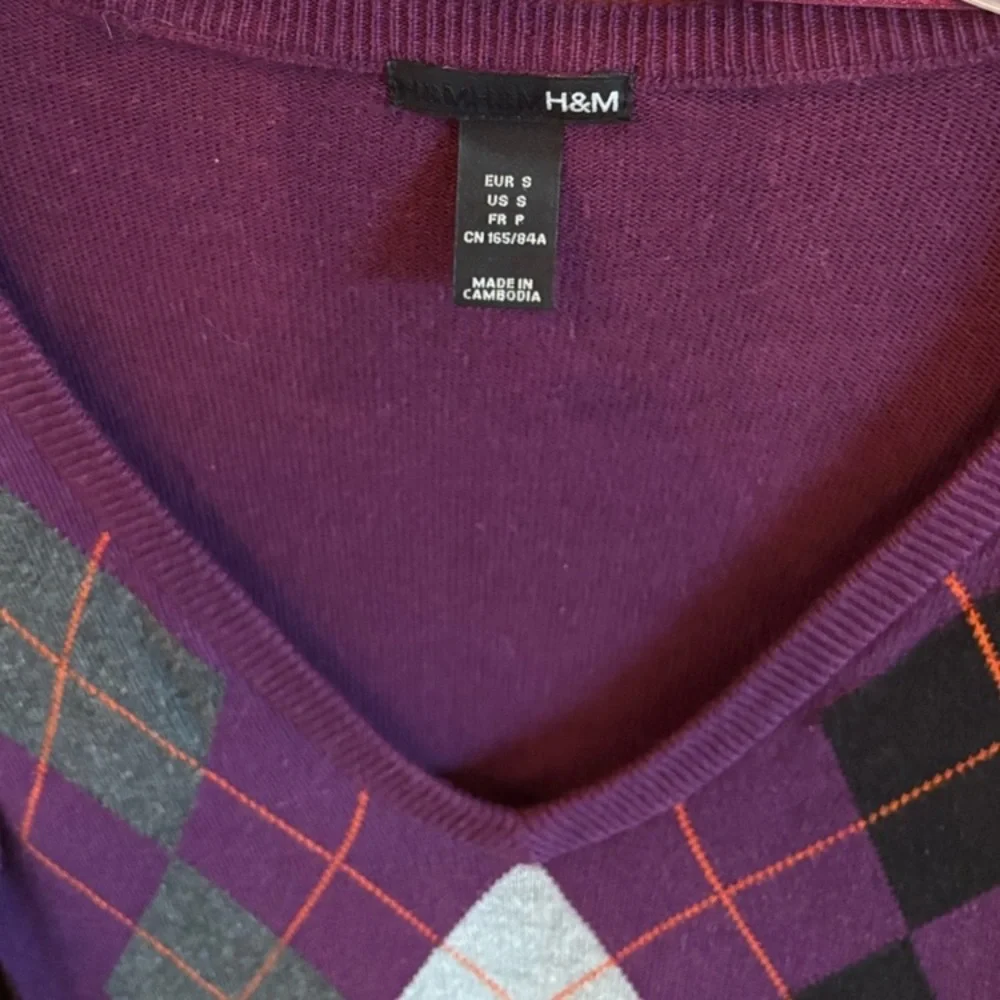 Vintage Argyle Sweater Knit 90s Y2K Pattern V-Neck Jumper Purple Gray Size Small